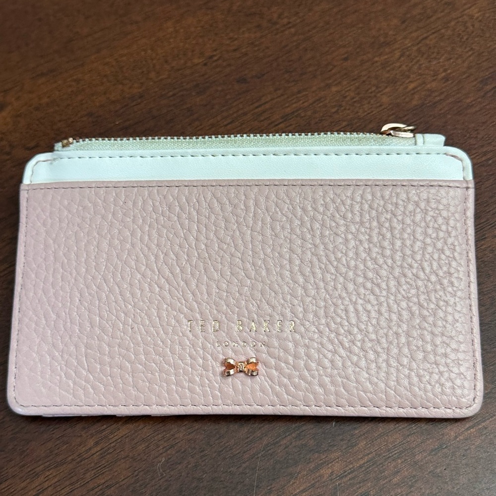 Ted Baker London Pink Textured Rose Gold Zipper Card Holder Wallet Bows